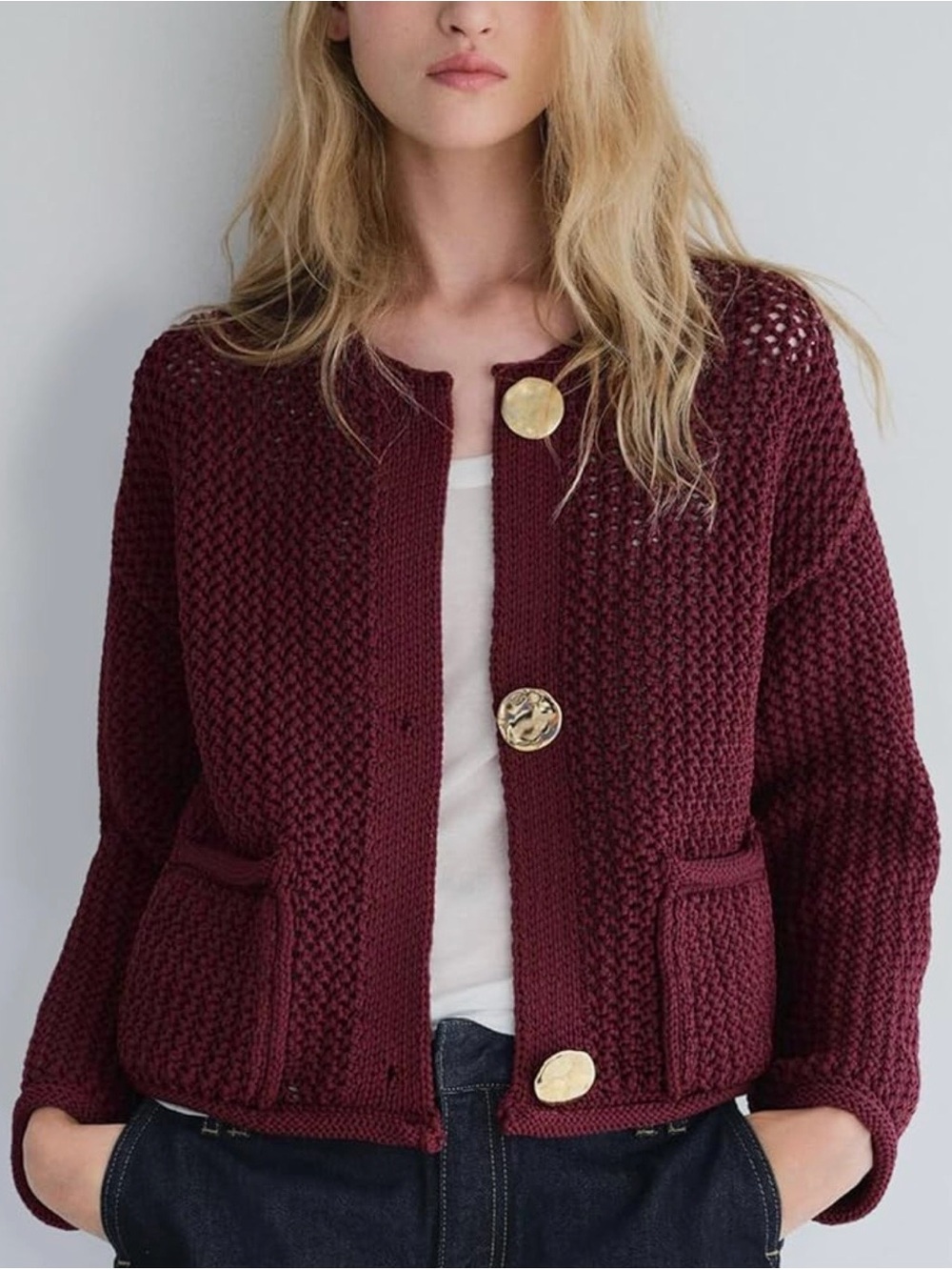Wisteria Lane NWT Knit Cardigan in Wine Color with Gold Button